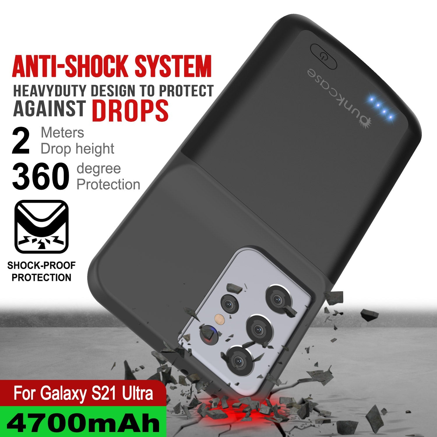 Capa de bateria PunkJuice S21 Ultra Preta - Banco de Energia de Carregamento Portátil com 4700mAh
