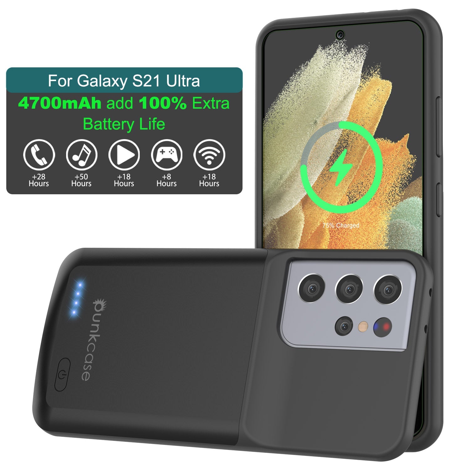 Capa de bateria PunkJuice S21 Ultra Preta - Banco de Energia de Carregamento Portátil com 4700mAh