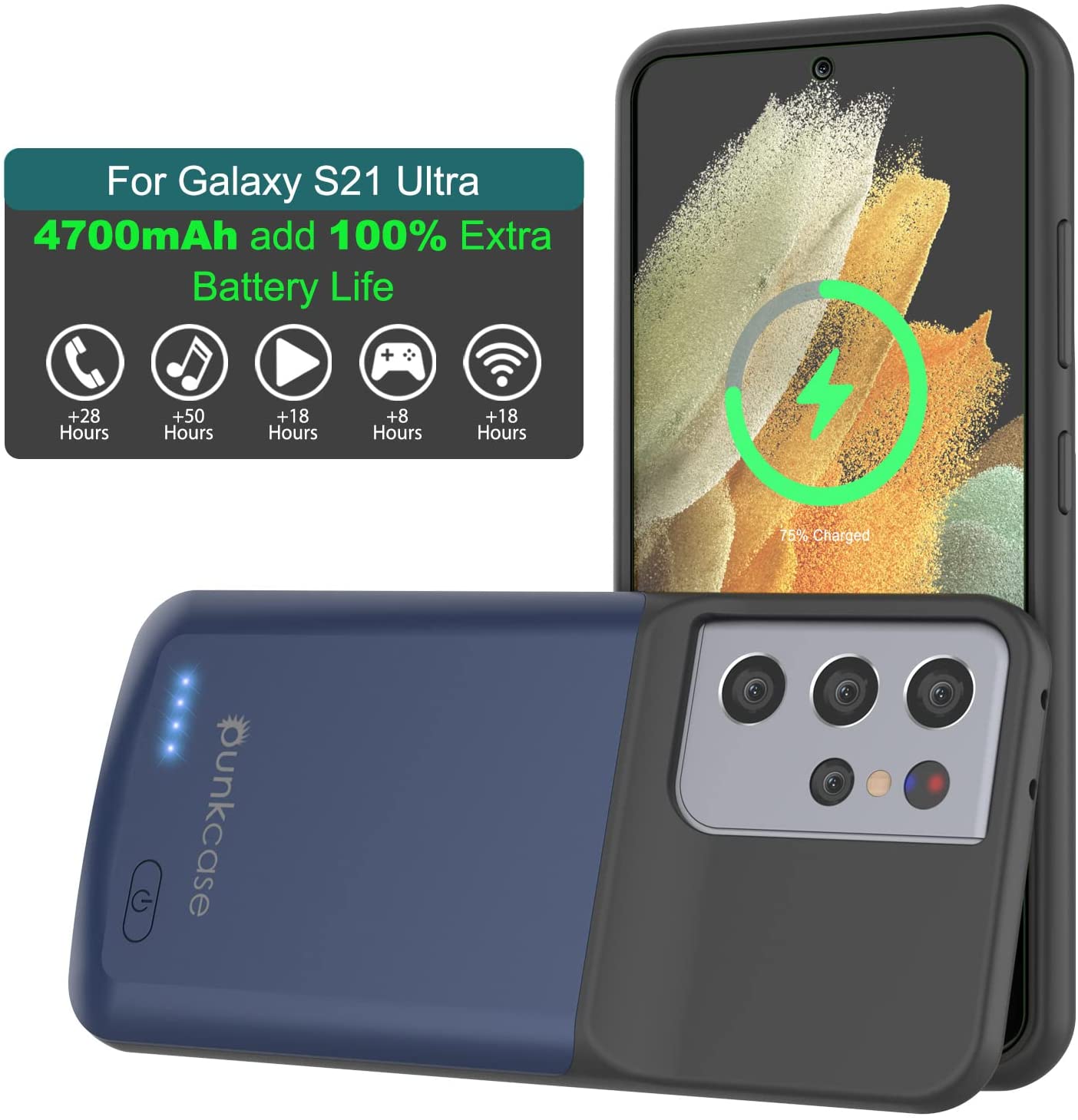 Capa de bateria PunkJuice S21 Ultra Azul - Banco de potência de carregamento portátil com 4700mAh