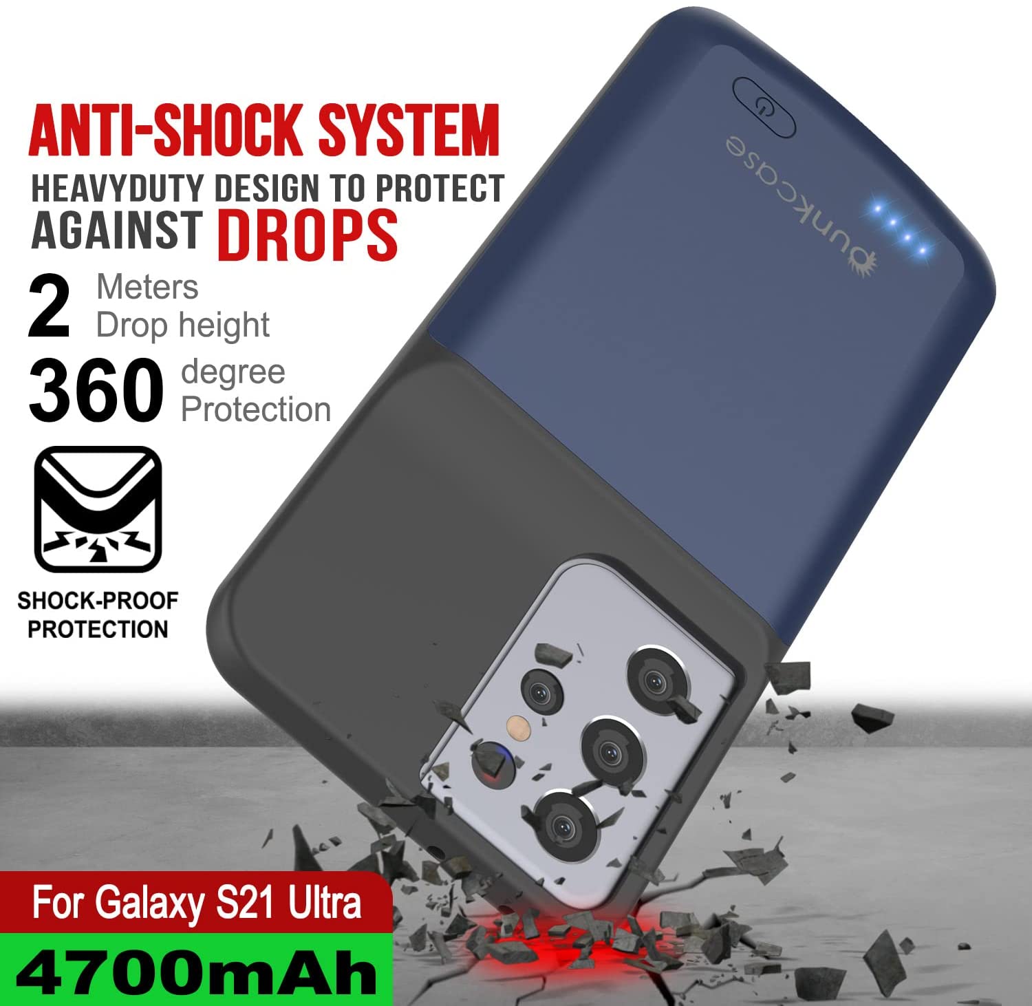 Capa de bateria PunkJuice S21 Ultra Azul - Banco de potência de carregamento portátil com 4700mAh