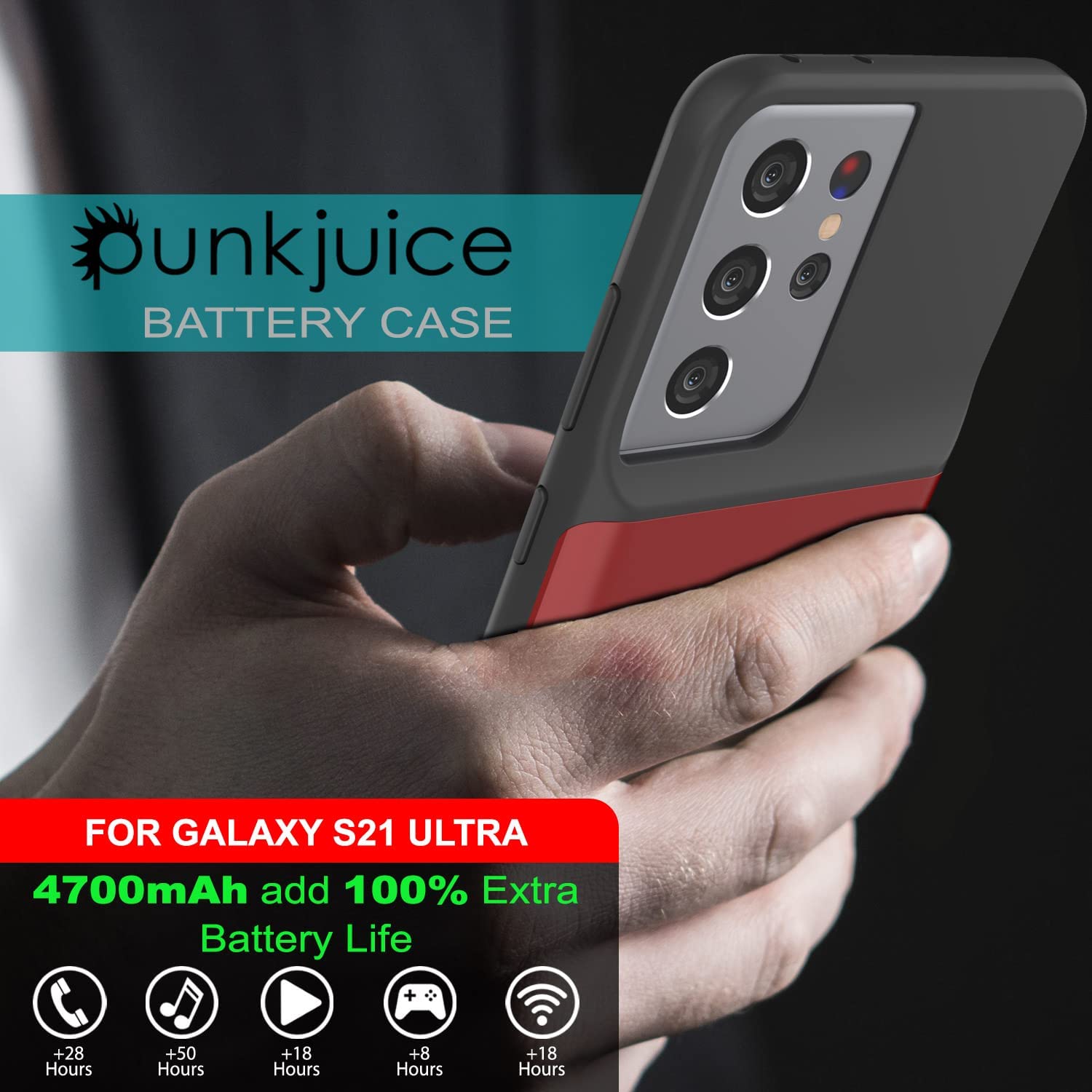 Capa de bateria PunkJuice S21 Ultra Vermelho - Banco de energia portátil para carregamento com 4700mAh