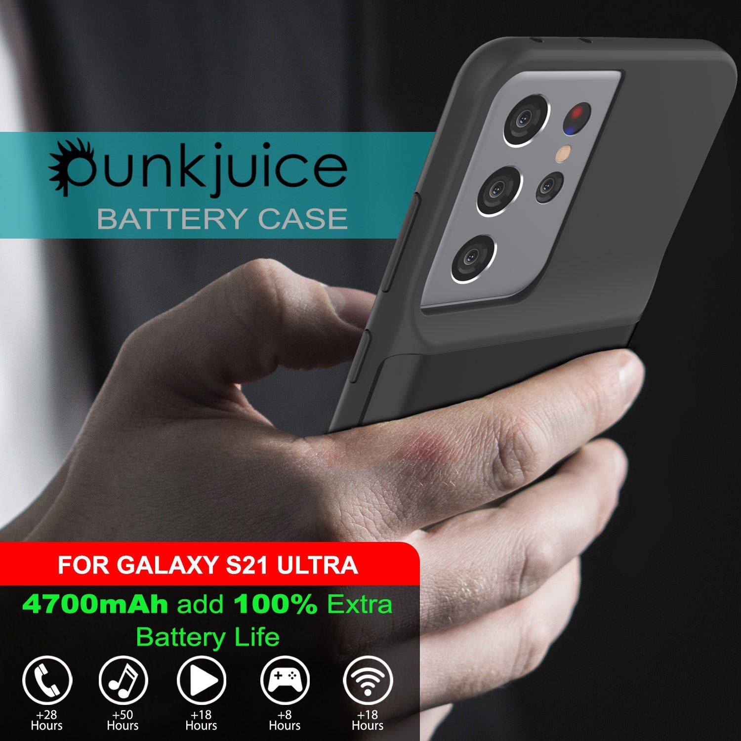 Capa de bateria PunkJuice S21 Ultra Preta - Banco de Energia de Carregamento Portátil com 4700mAh