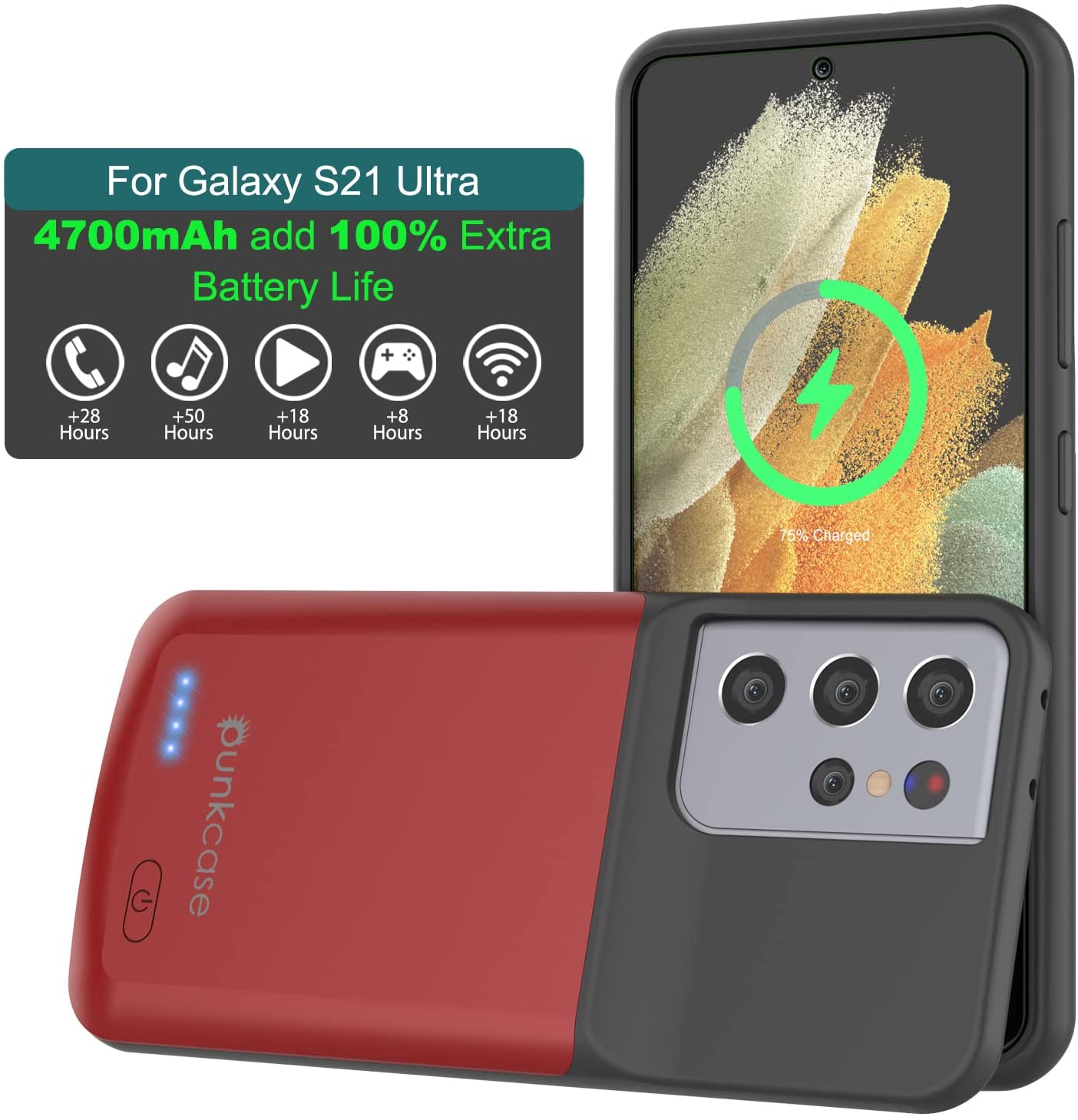 Capa de bateria PunkJuice S21 Ultra Vermelho - Banco de energia portátil para carregamento com 4700mAh