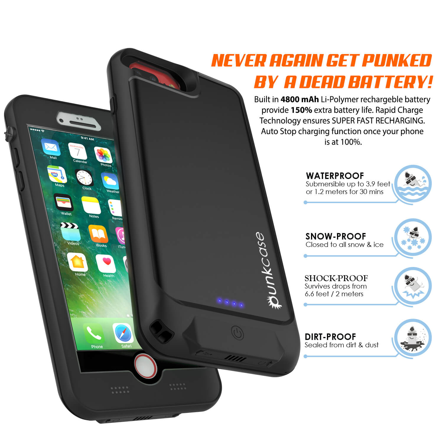 PunkJuice iPhone 8+/7+Plus Battery Case Black - Waterproof Slim Power Juice Bank with 4300mAh