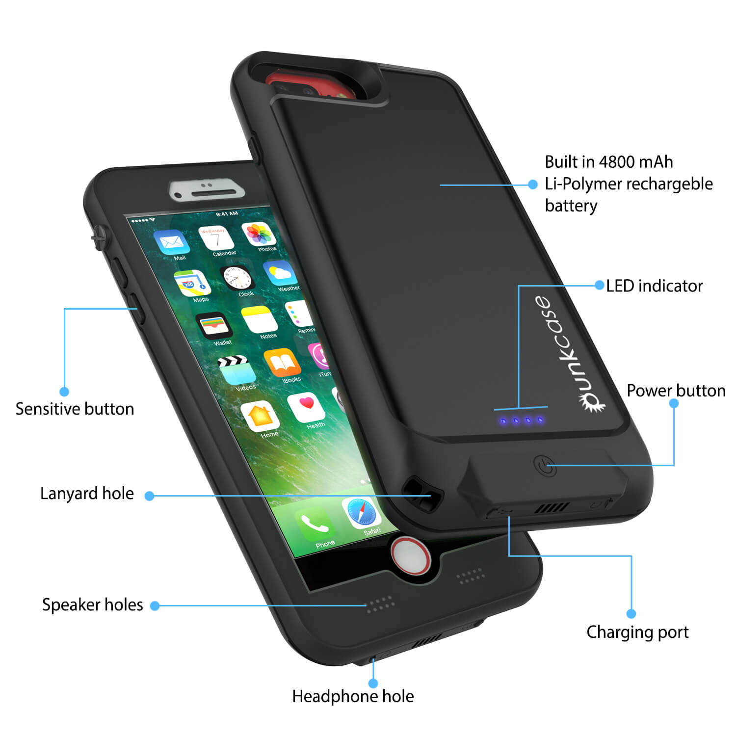 PunkJuice iPhone 8+/7+Plus Battery Case Black - Waterproof Slim Power Juice Bank with 4300mAh