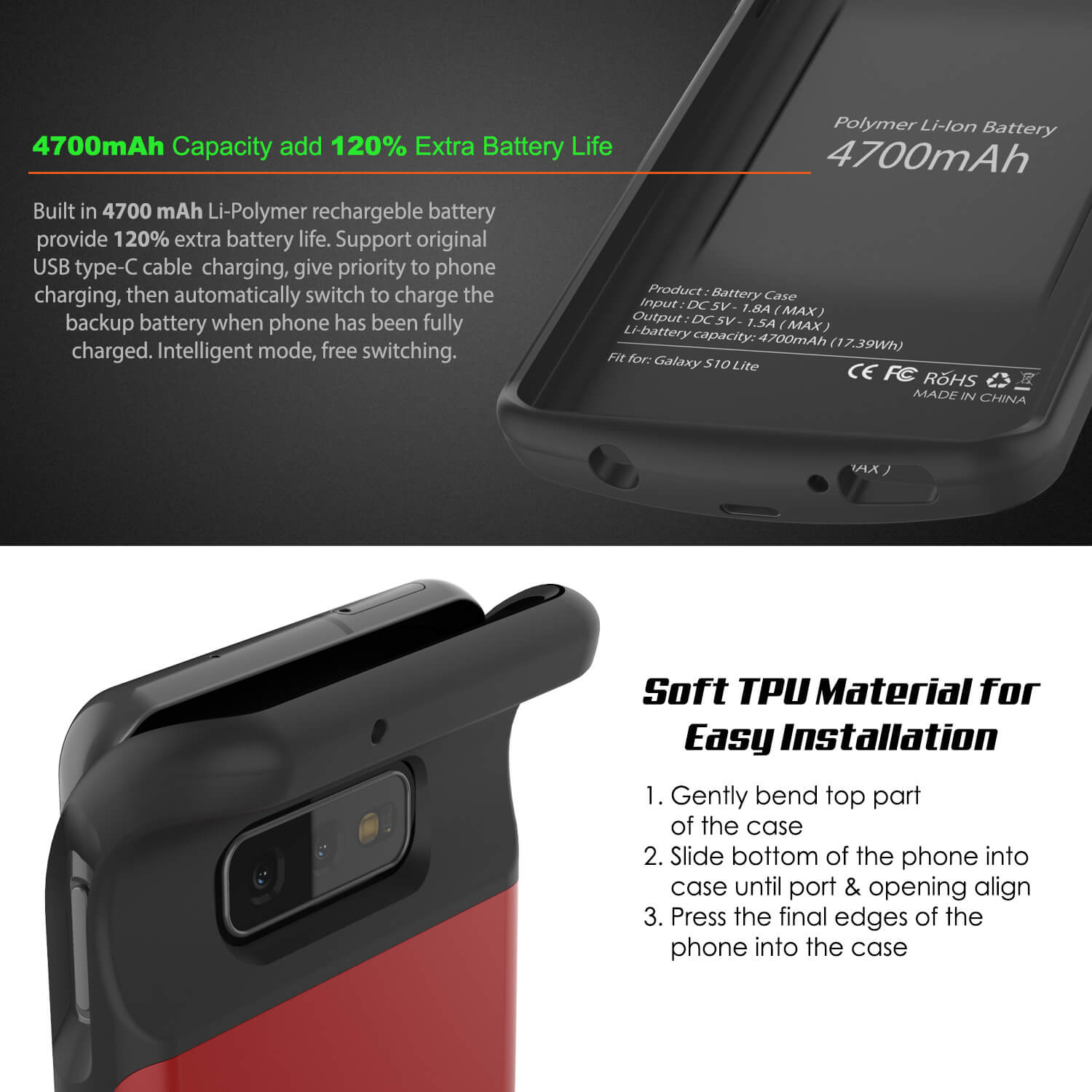 Capa de bateria PunkJuice S10e Vermelha - Banco de energia de carregamento rápido com 4700mAh