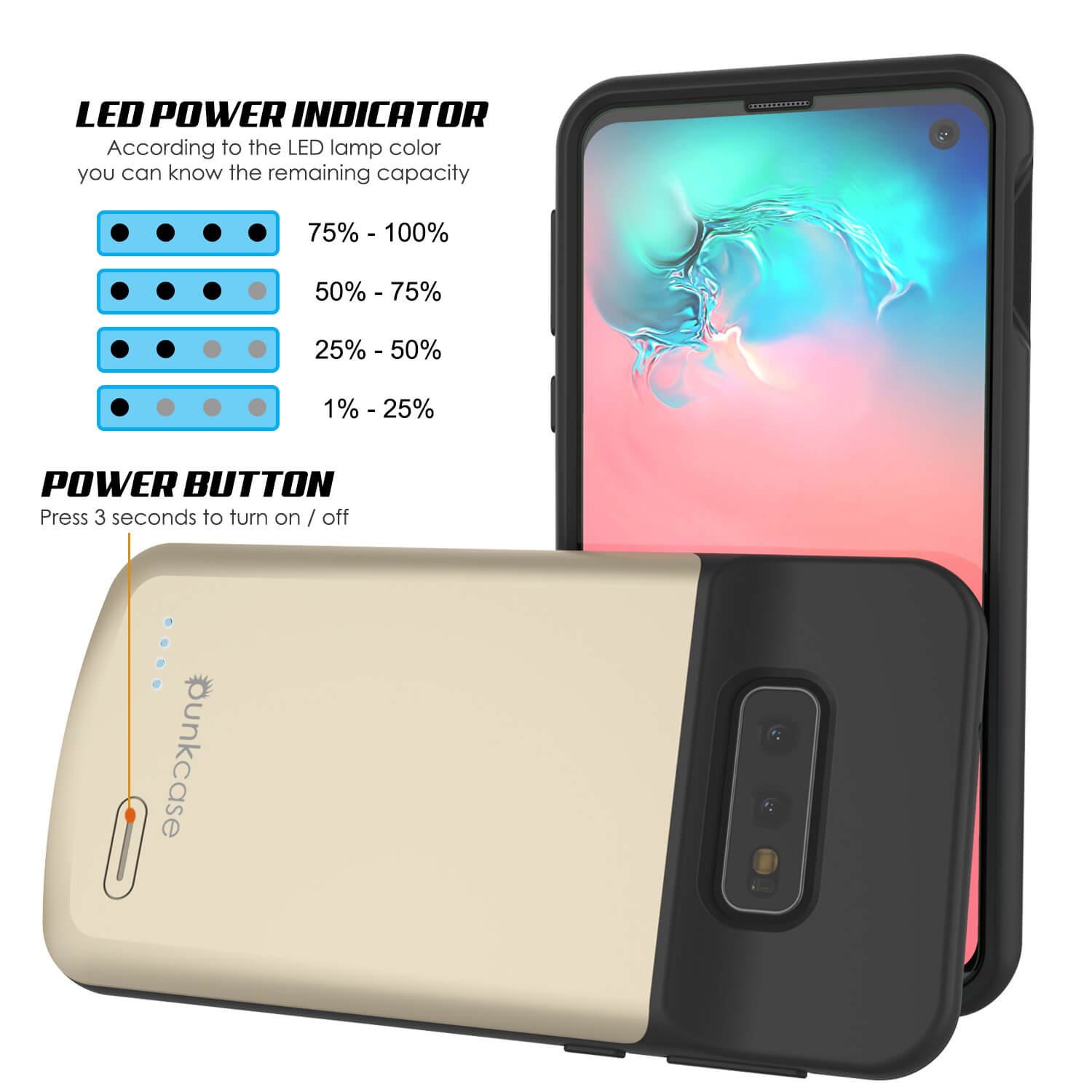 Capa de Bateria PunkJuice S10e Dourada - Banco de Energia de Carregamento Rápido com 4700mAh