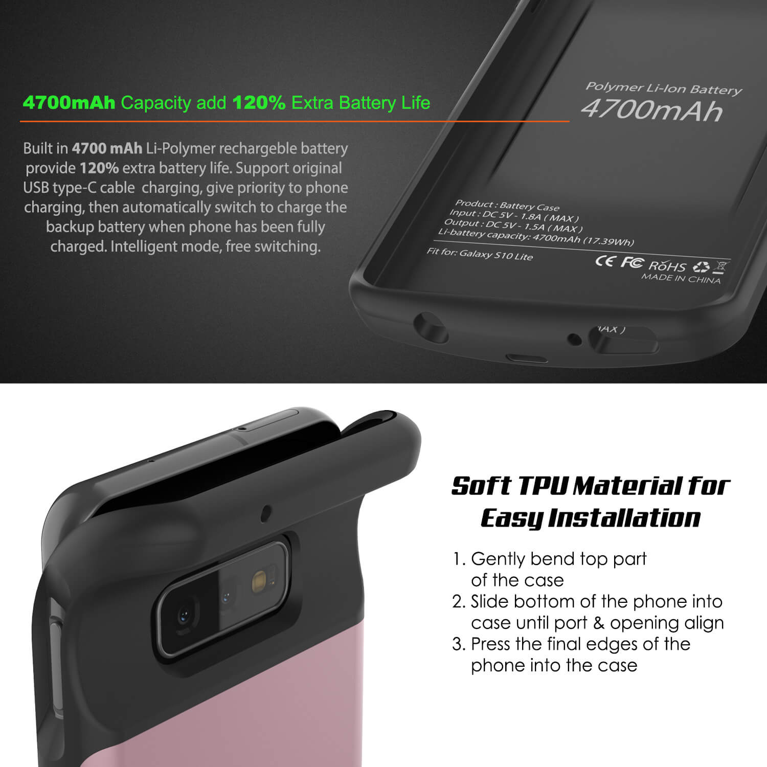 Capa de bateria PunkJuice S10e Rose - Banco de energia de carregamento rápido com 4700mAh