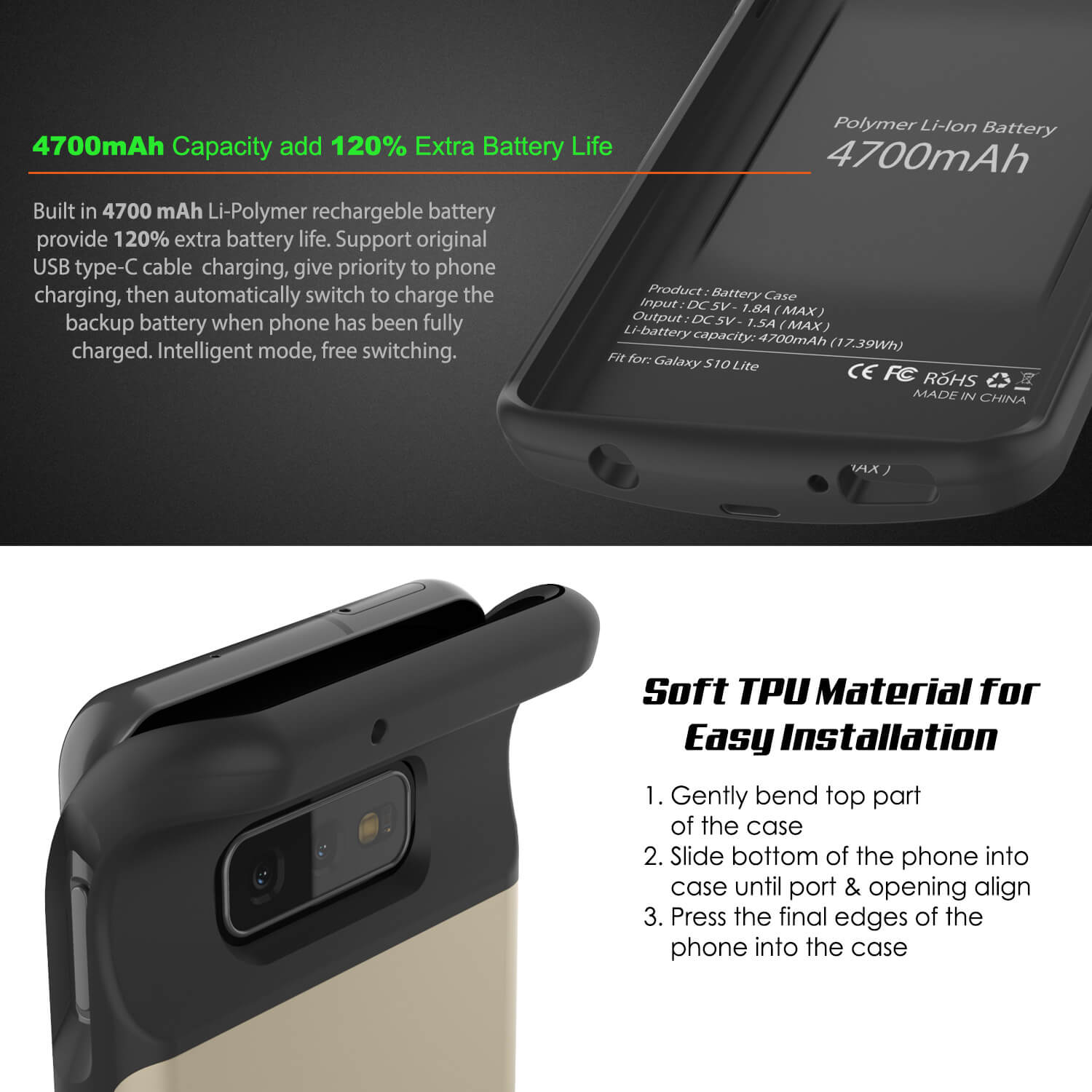 Capa de Bateria PunkJuice S10e Dourada - Banco de Energia de Carregamento Rápido com 4700mAh