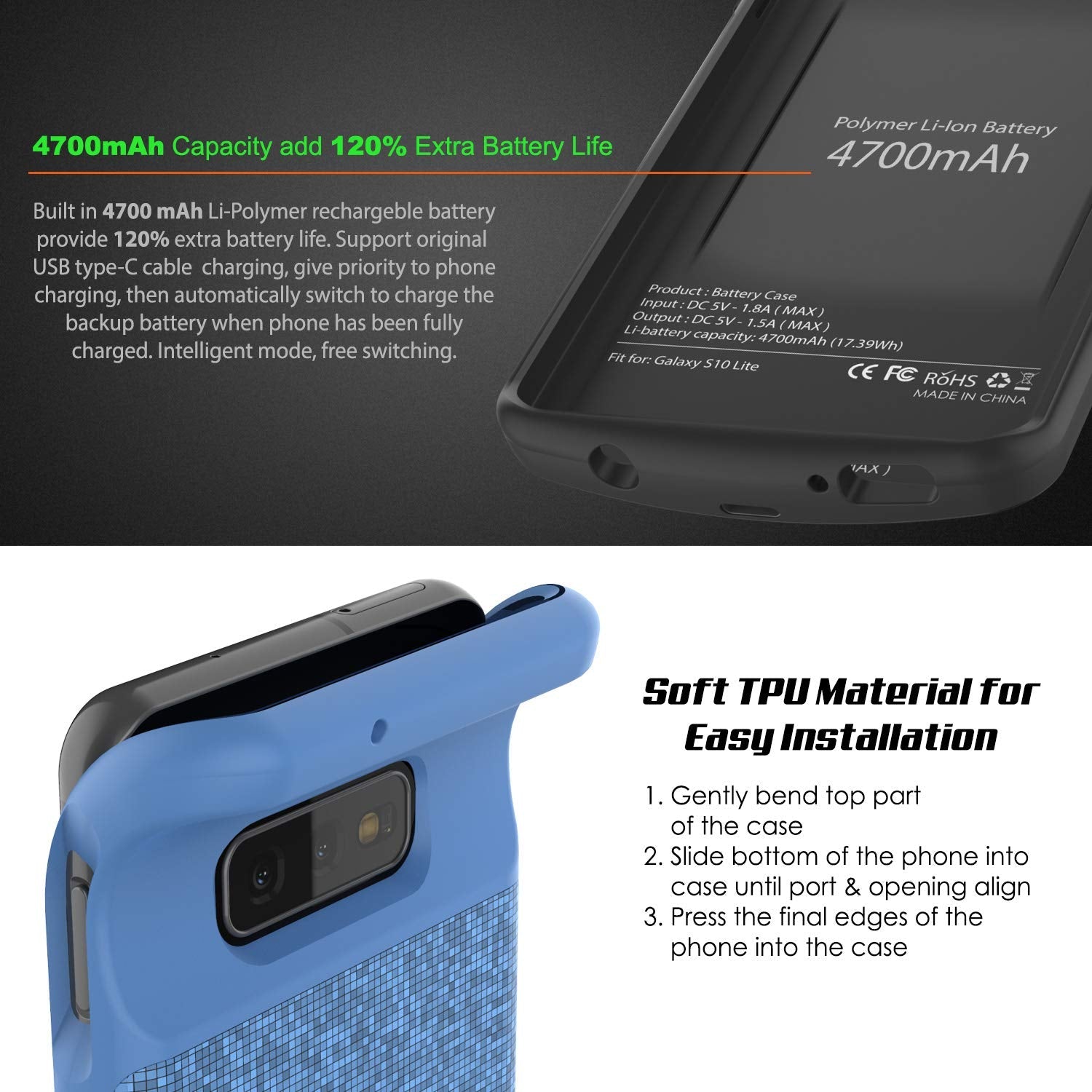 Capa de bateria PunkJuice S10e Azul - Banco de energia de carregamento rápido com 4700mAh