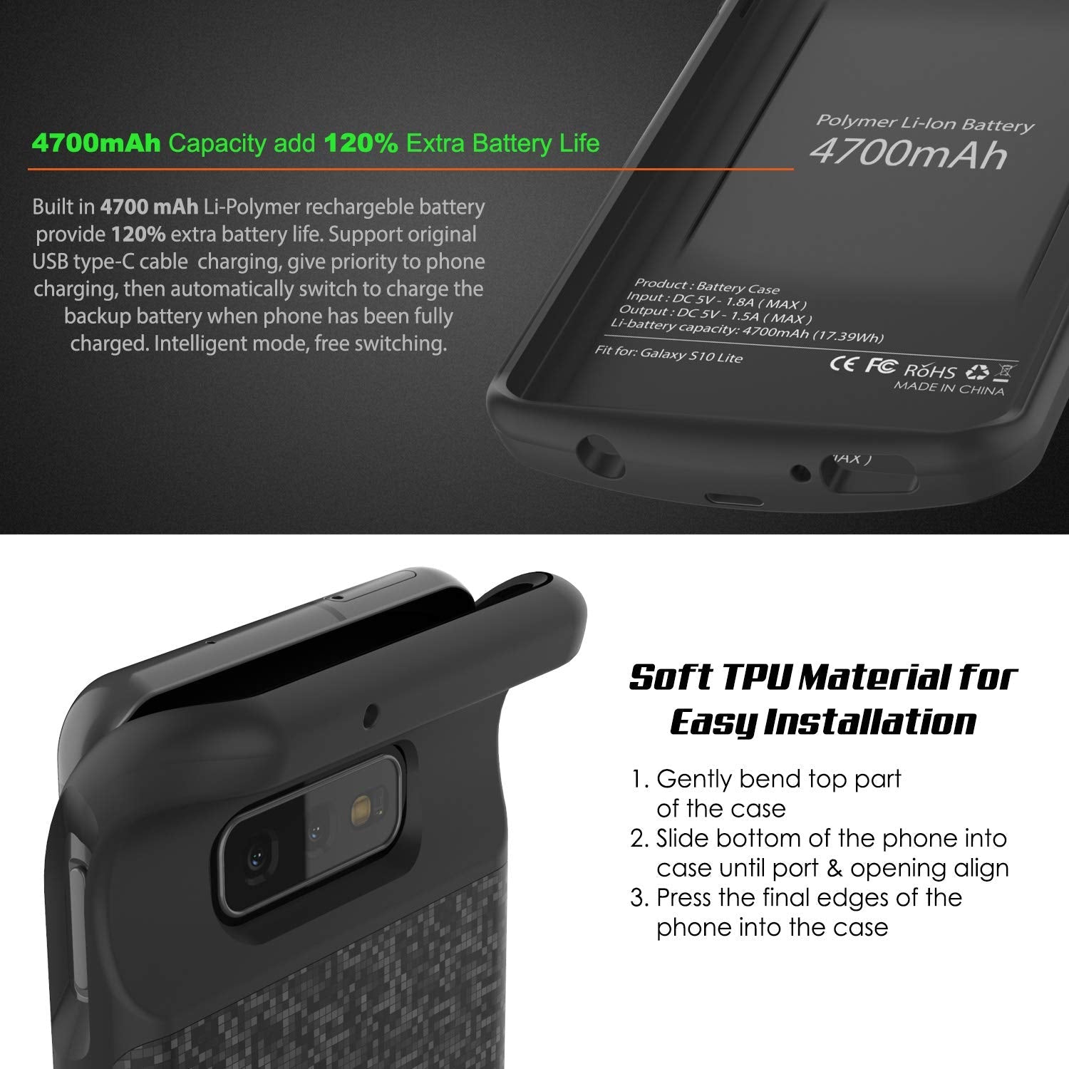 Capa de bateria PunkJuice S10e preta - Banco de energia de carregamento rápido com 4700mAh
