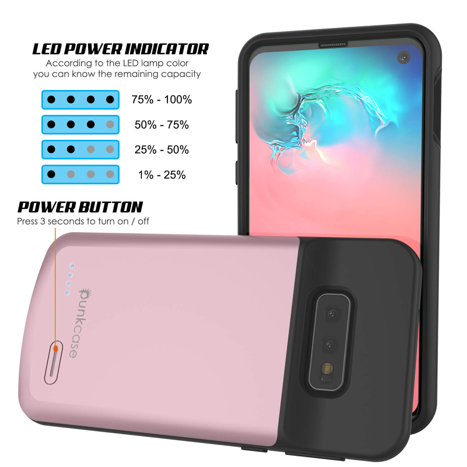 Capa de bateria PunkJuice S10e Rose - Banco de energia de carregamento rápido com 4700mAh