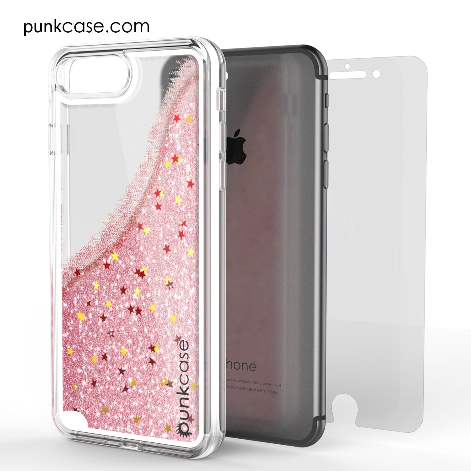 Capa iPhone 7 Plus, Série PunkCase LIQUID Rose, Capa Protetora de Camada Dupla com Glitter Flutuante.