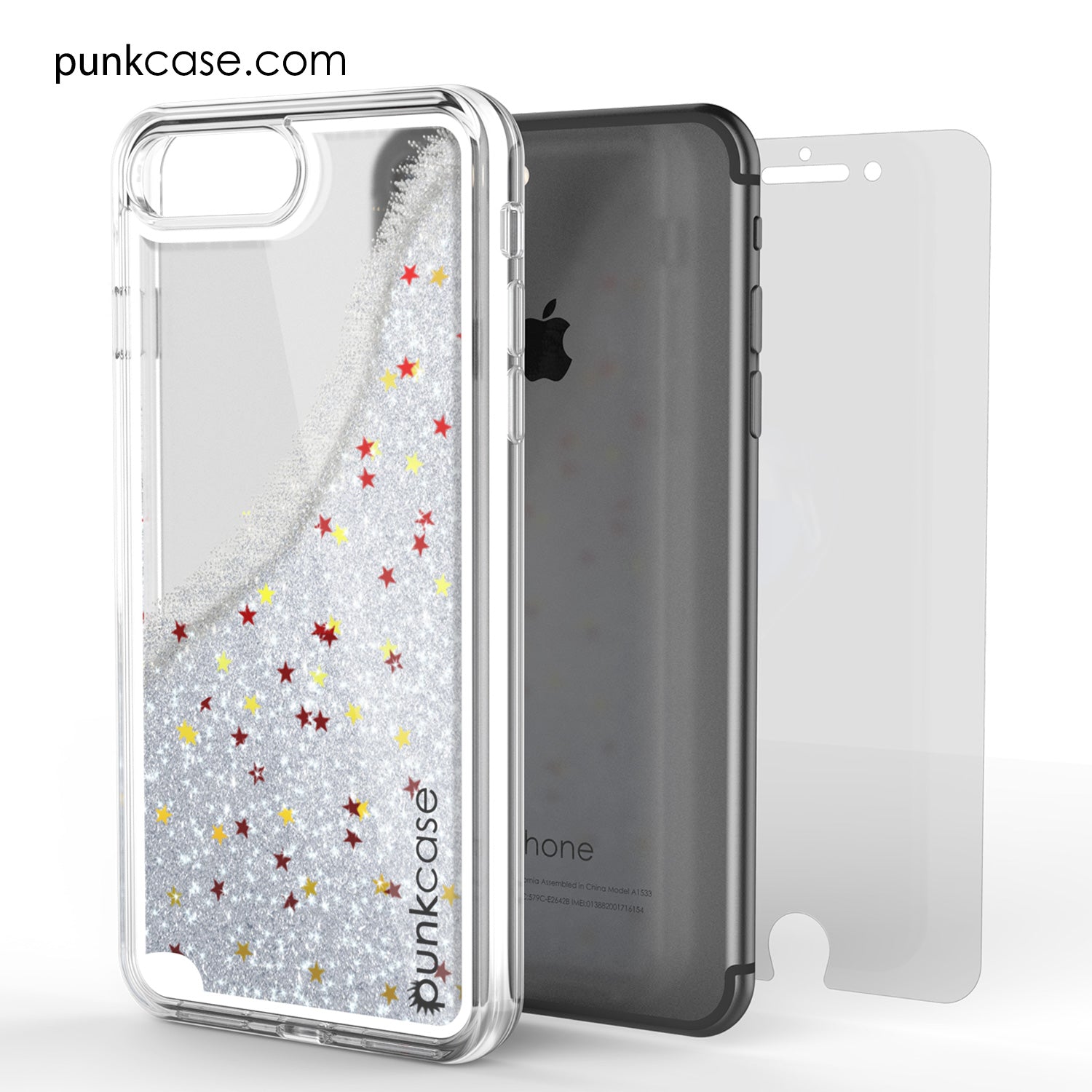 Capa para iPhone 7 Plus, da série PunkCase LIQUID Silver, capa protetora de camada dupla com glitter flutuante.