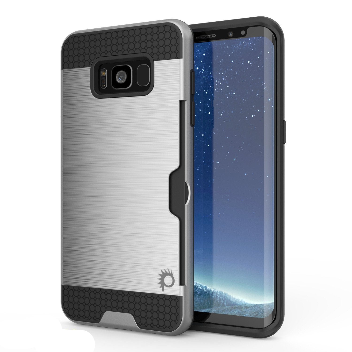 Capa Galaxy S8 Plus, PUNKcase [Série SLOT] [Ajuste Slim] Capa de Armadura de Dupla Camada com Sistema Anti-Choque Integrado, Slot para Cartão de Crédito [Prata]