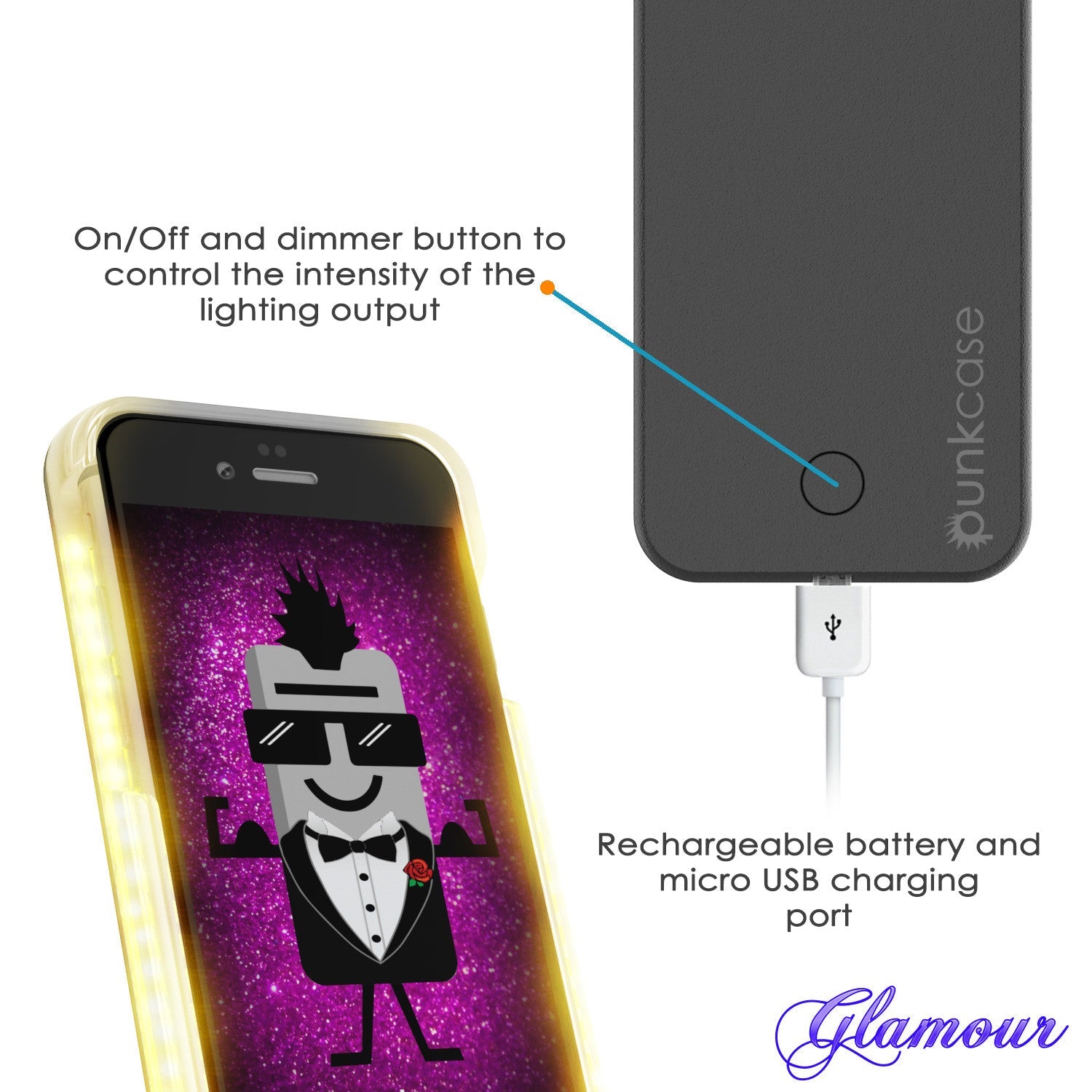 Capa de Luz LED Punkcase para iPhone 6+/6S+ Plus, Capa Iluminada, Preta com Banco de Energia de Bateria