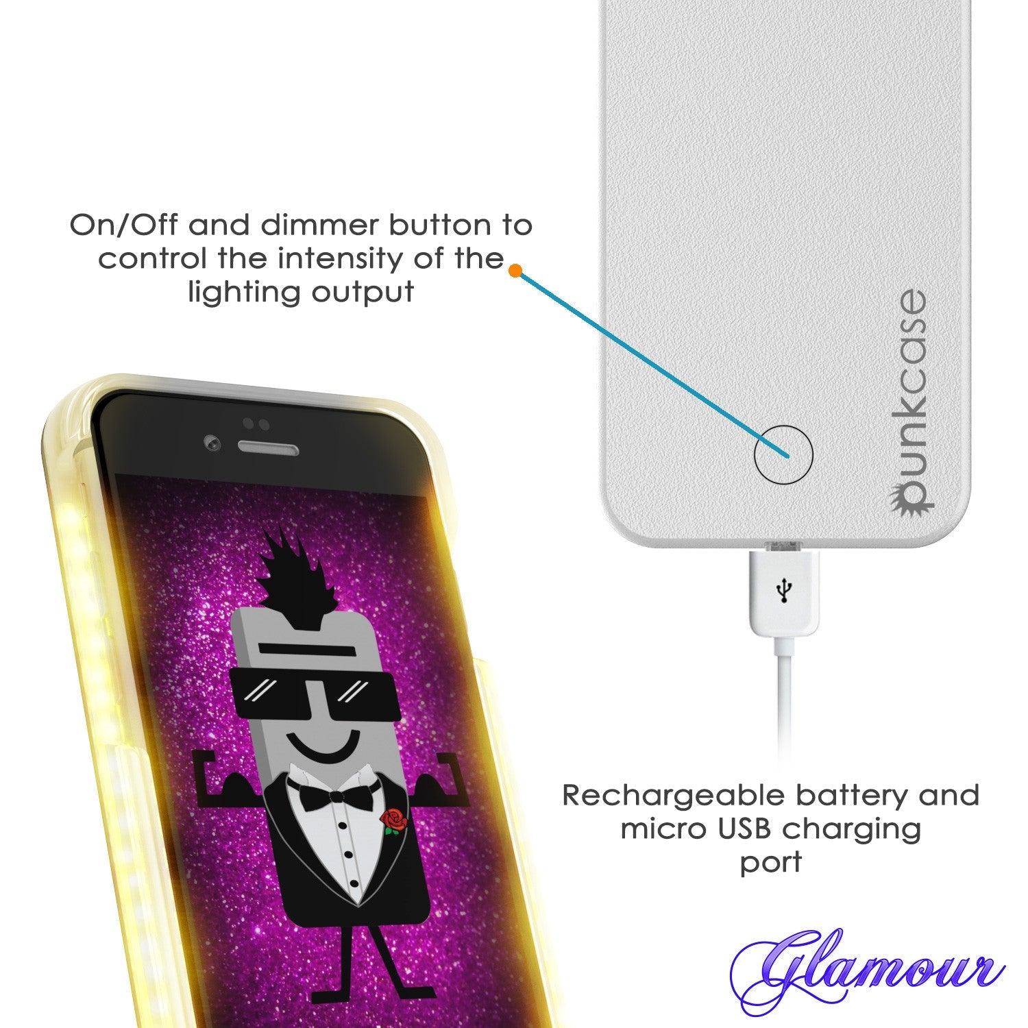 Capa de luz LED Punkcase para iPhone 6+/6S+ Plus, Capa Iluminada, BRANCA com Power Bank de Bateria