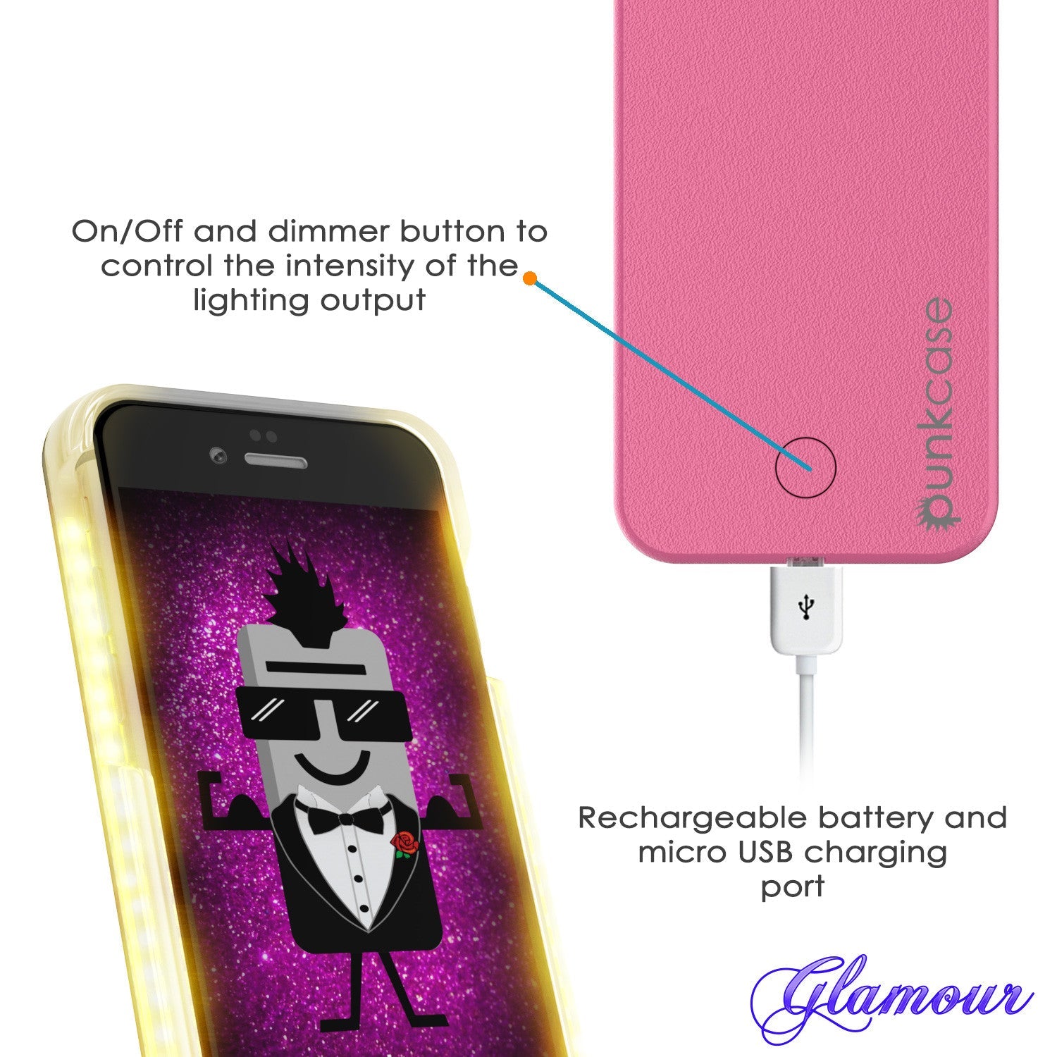 Capa Punkcase LED Light para iPhone 6+/6S+ Plus, Caixa Iluminada Cor-de-Rosa com Banco de Energia