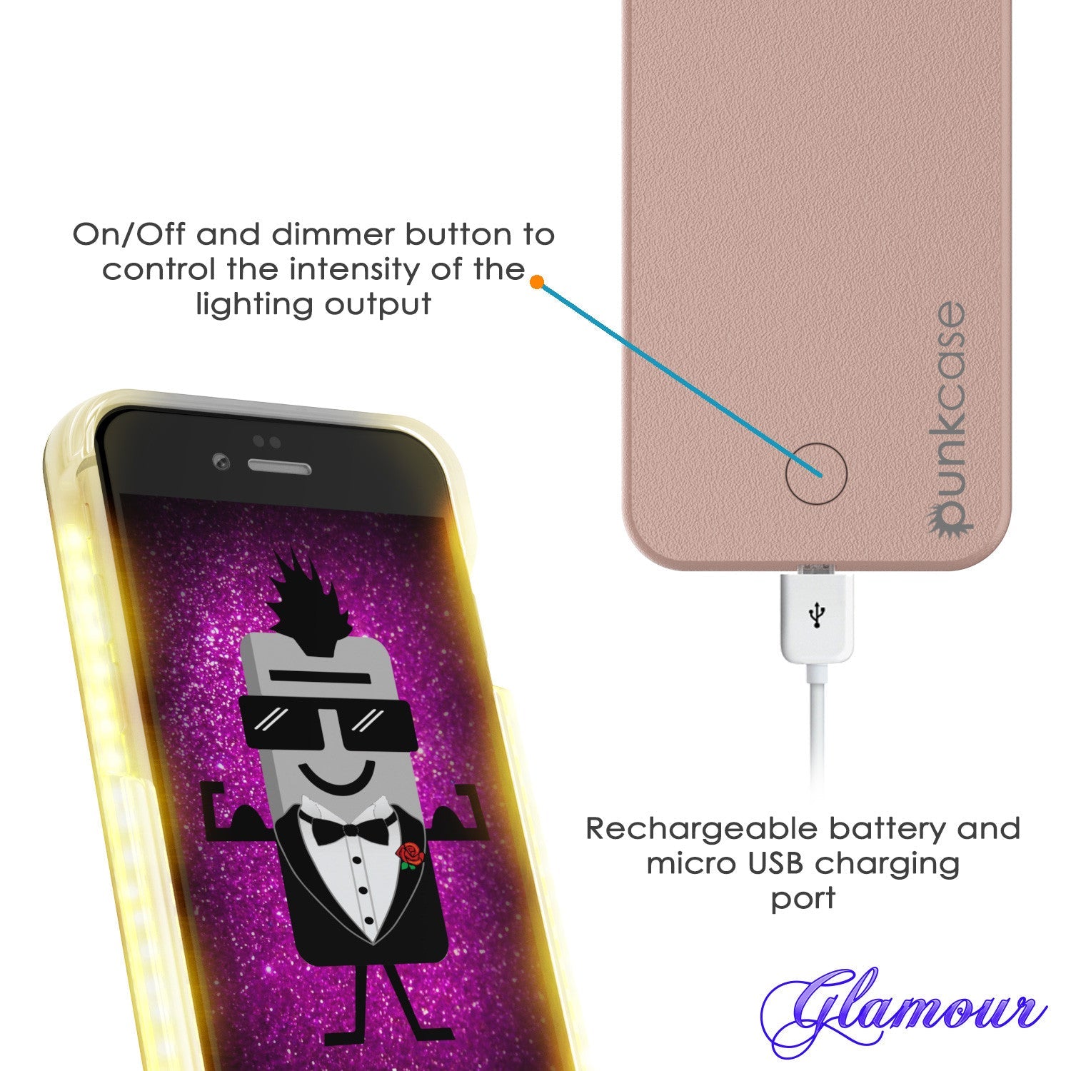 Capa de luz LED Punkcase para iPhone 6+/6S+ Plus, Capa Iluminada Rosa Dourado com Power Bank de Bateria