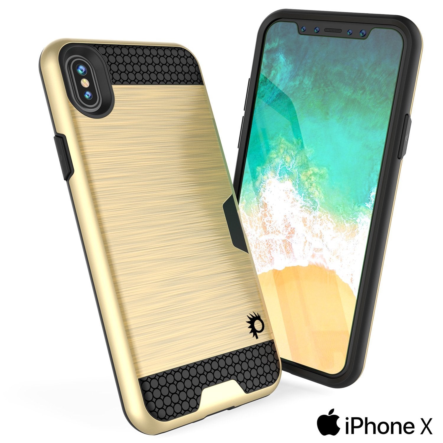 iPhone X Case, PUNKcase [SLOT Series] Slim Fit Dual-Layer Armor Cover & Tempered Glass PUNKSHIELD Screen Protector for Apple iPhone X [Gold] 