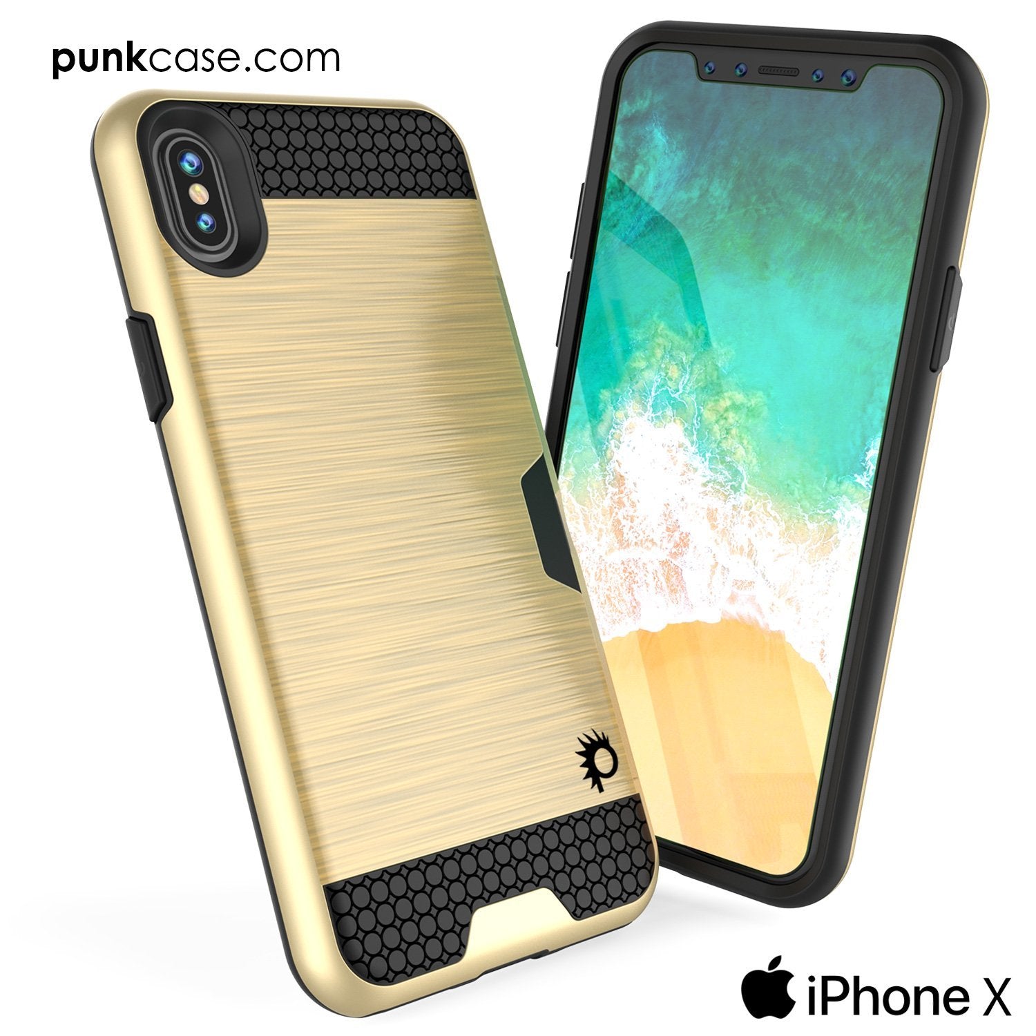 iPhone X Case, PUNKcase [SLOT Series] Slim Fit Dual-Layer Armor Cover & Tempered Glass PUNKSHIELD Screen Protector for Apple iPhone X [Gold] 